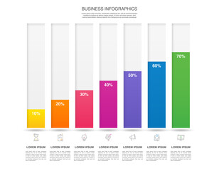 Vector infographic with seven columns. Modern business concept graphic process template with 7 steps. Graphic timeline for app, website, interface, chart, levels, web, diagram, banner, presentations
