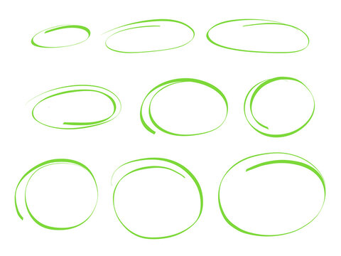 Highlight Marker Oval Frames. Hand Drawn Scribble Doodle Underscore Green Circle. Ovals And Ellipses Line Template. Vector Illustration Isolated On White Background.