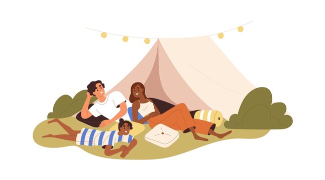 Happy Interracial Family At Camping On Summer Holidays. Parents And Kid Near Tent, Relaxing Outdoors In Nature. Mother, Father, Girl Resting. Flat Vector Illustration Isolated On White Background