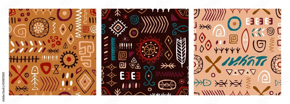 Wall mural Tribal ethnic patterns set. Seamless African, Indian backgrounds with ethno geometric doodle elements. Repeating abstract ancient print. Folk texture designs. Colored drawn graphic vector illustration