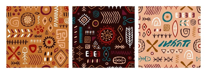 Tribal ethnic patterns set. Seamless African, Indian backgrounds with ethno geometric doodle elements. Repeating abstract ancient print. Folk texture designs. Colored drawn graphic vector illustration