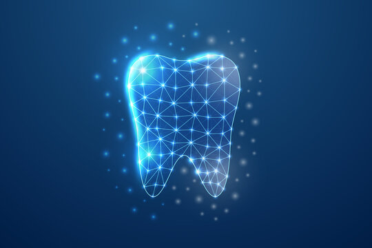 Tooth 3d symbol in blue low poly style. Dentistry service, dental design concept vector illustration. Stomatology polygonal wireframe.
