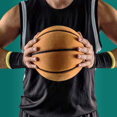 Basketball players on Sports background, collage of different professional athletes on gradient...
