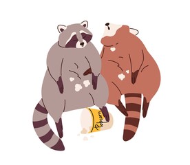 Cute lazy fat raccoons eating food. Funny racoons couple overeating with popcorn. Adorable amusing chunky full animals friends. Plump characters. Flat vector illustration isolated on white background