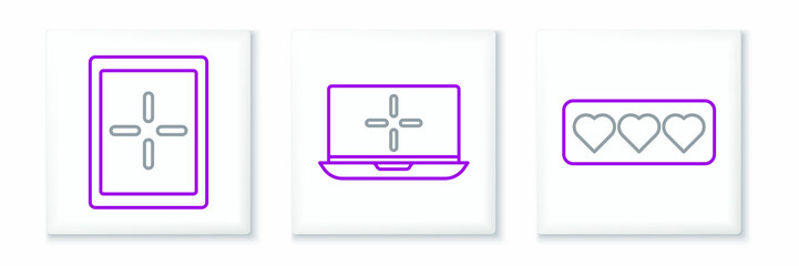 Set line Like and heart, Tablet and Laptop icon. Vector