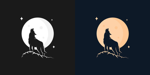 silhouette illustration of Howling Wolf with Moon logo design © theos studio