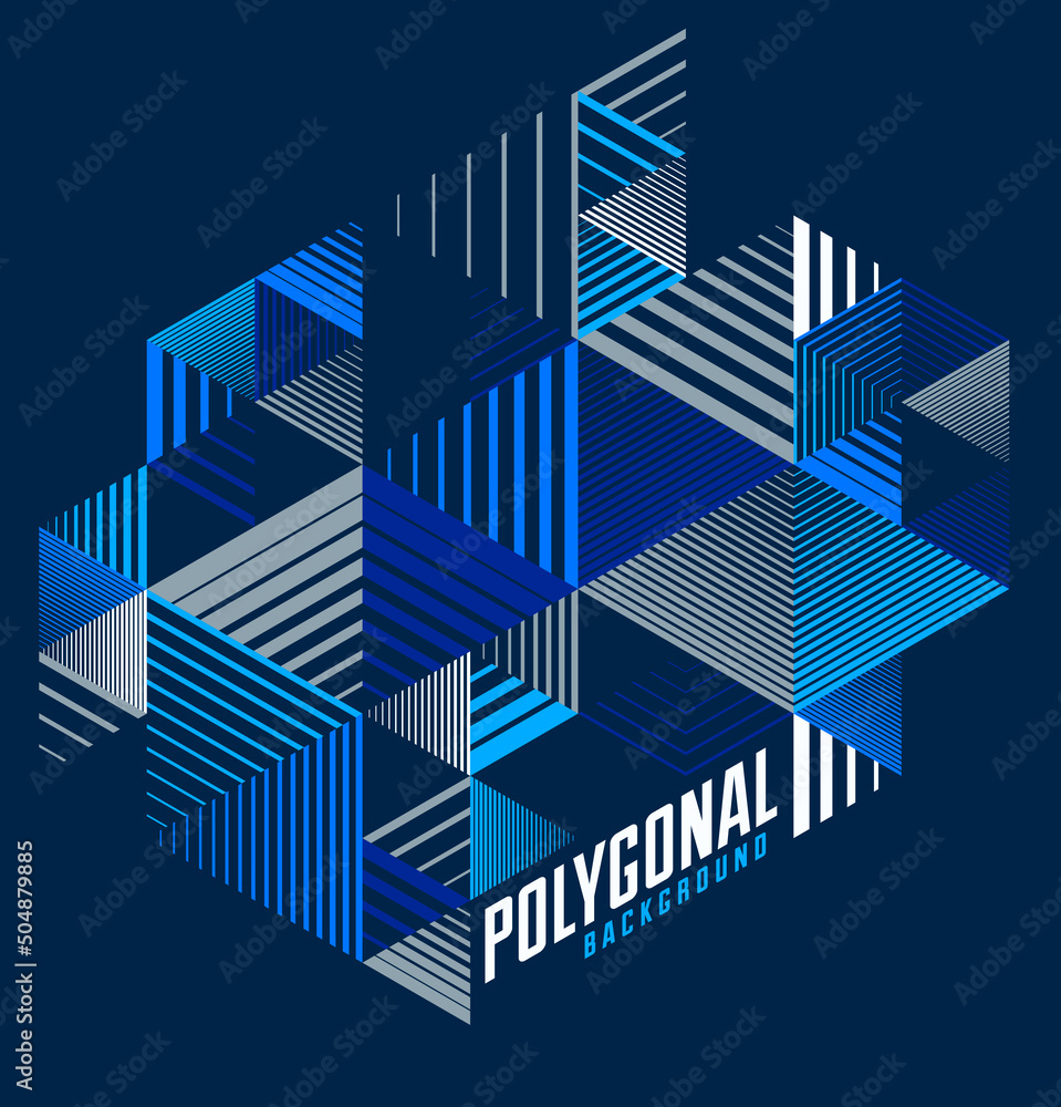 Poster abstract polygonal background with stripy triangles and 3d cubes vector design. template for differe