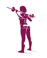 Young attractive woman with perfect muscular body training with a barbell vector illustration isolated, sport exercises active lifestyle. - obrazy, fototapety, plakaty