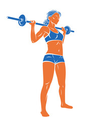 Young attractive woman with perfect muscular body training with a barbell vector illustration isolated, sport exercises active lifestyle.