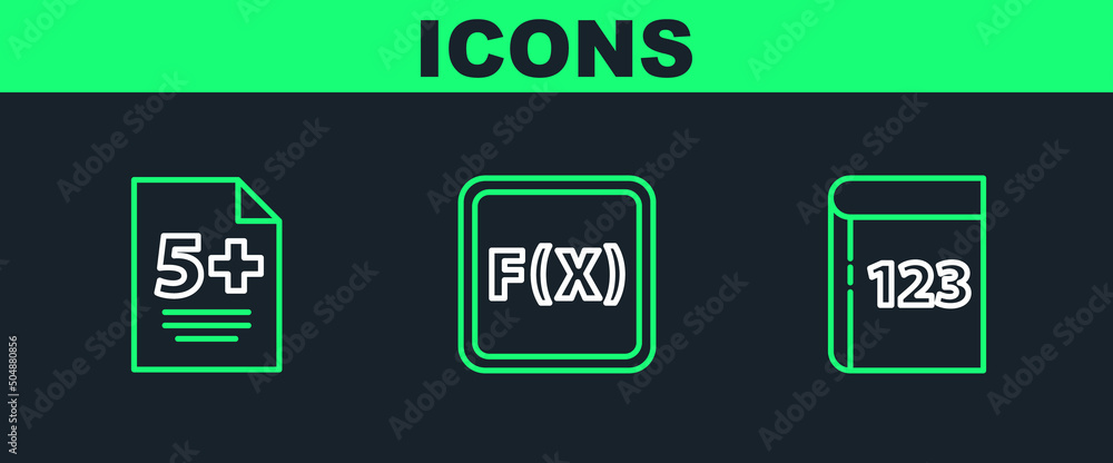 Poster set line book with word mathematics, test exam sheet and function mathematical symbol icon. vector