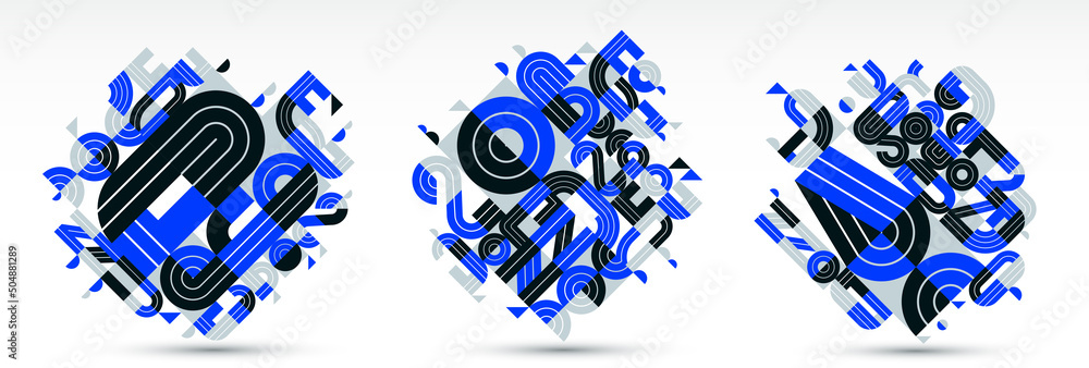 Poster dynamic messy abstract vector design compositions set, blue minimal lined modern art collection, sty