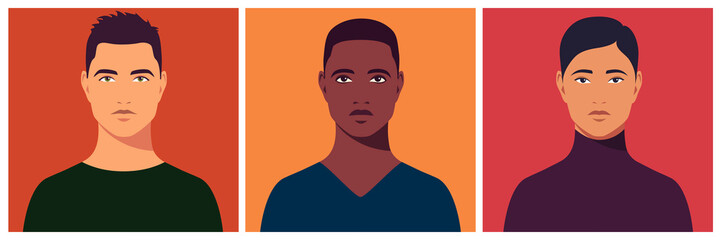 Portrait of young man. Portrait of multicultural students. Abstract male portrait, full face. Stock vector isolated illustration in flat style.