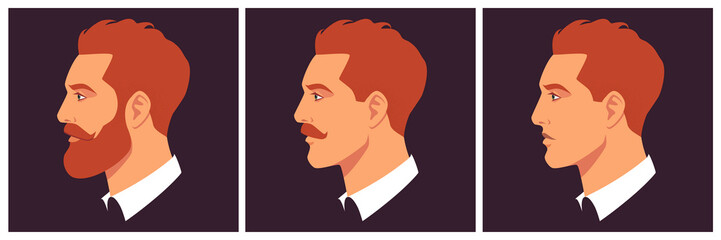 Head of bearded, moustached and shaved man in profile. Portrait of bearded redhead man. Abstract male portrait, face side view. Stock vector illustration in flat style.