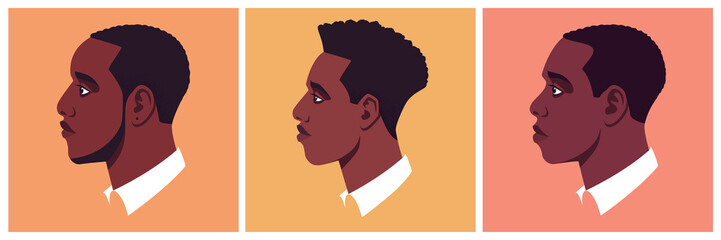 Young african man face side view. Portrait of serious student. Avatar of guy for social networks. Abstract male portrait in profile. Stock vector isolated illustration in flat style.