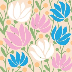 Floral seamless pattern. Silhouettes of blooming flowers. Elegant botanical spring pattern. Natural ornament for fabrics, textiles, surface design 