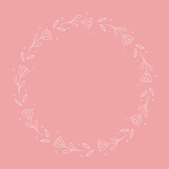 Line art flowers and leaves frame. White objects on pink background. Design element for greeting card, invitation, poster, social media.