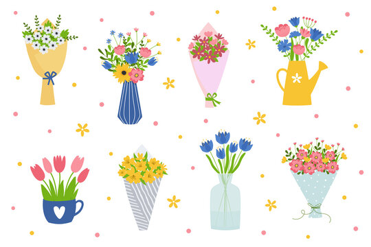 Set of flower bouquets. Bunch of plants in vases, cup and watering can collection. Design element for greeting card, invitation, stickers, postcard, poster, print.