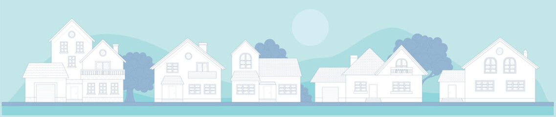 Row of houses on the street. Outline city concept horizontal banner. Vector buildings project style. Village houses, skyline view.