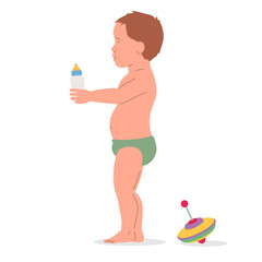 Baby standing with milk bottle, vector illustration.