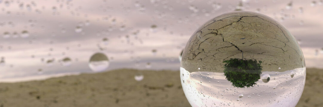 First Rainfall Water Droplets Falling Onto A Cracked Dry Earth After A Drought 3d Render