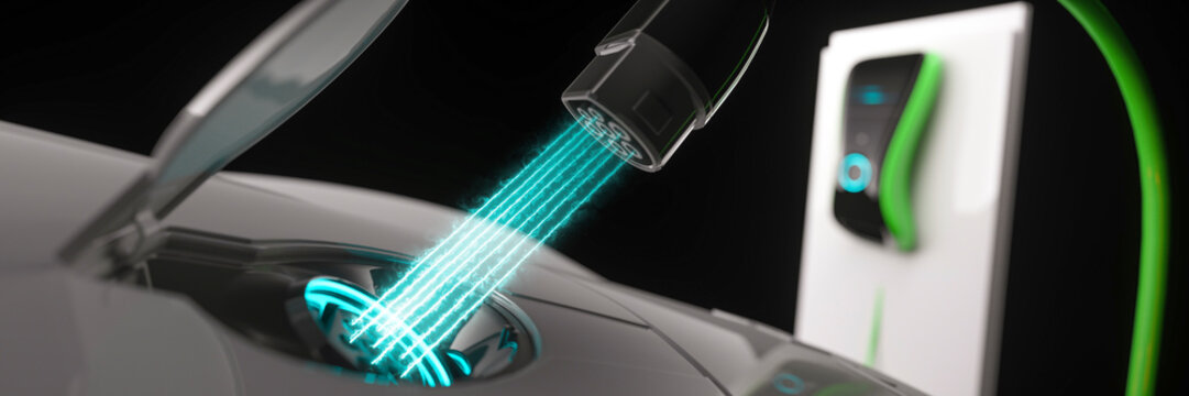 Electric car charing cable plugging into a car socket concept with electricity glowing 3d render