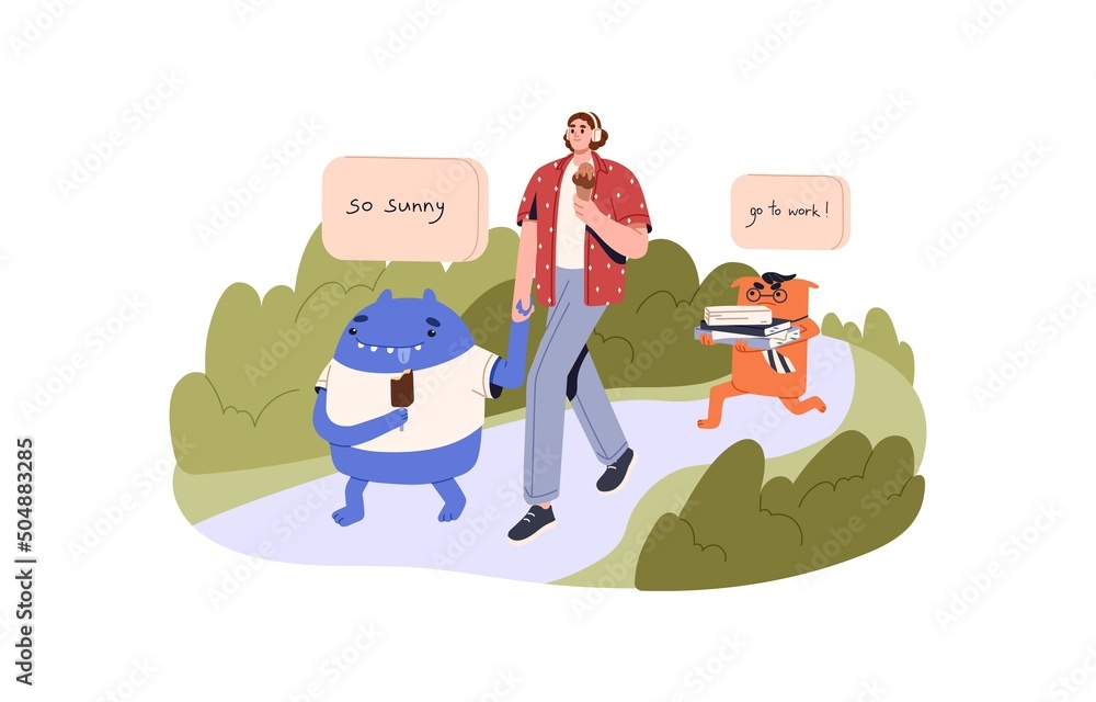 Poster lazy irresponsible employee choosing walk in park instead of work. procrastination, laziness concept