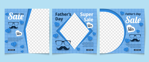 Father's Day Social Media Post Template Designs Set. Square banner in blue color. Can be used for social media, flyers, and websites