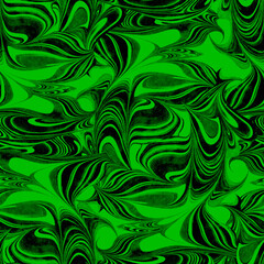 Bright green abstract ebru style seamless pattern with wavy spots.Perfect for textile, package, packaging, posters, wall decor, wallpaper, fabric. Contemporary Liquid Art. 