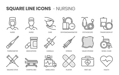 Nursing related, pixel perfect, editable stroke, up scalable square line vector icon set. 