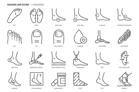 Podiatrist related, pixel perfect, editable stroke, up scalable square line vector icon set. 