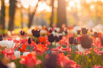 Beautiful colorful tulips blooming in tulip field in garden with blurry sunset nature landscape background. Soft sunlight romantic, love blooming floral wallpaper holidays card. Idyllic nature closeup - obrazy, fototapety, plakaty