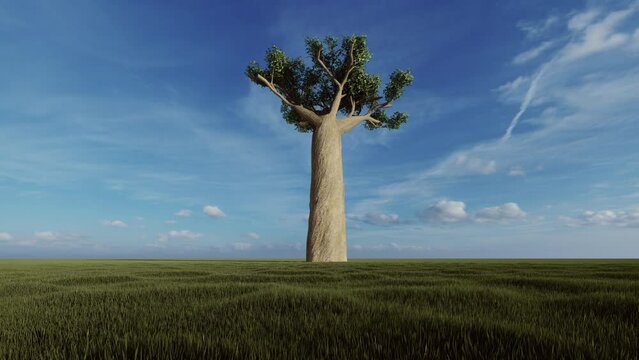 Baobab single tall tree against a blue sky, Luma Matte attached, 4K