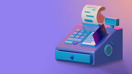 Cash register on a lilac background. Money cash register. Equipment for trade and business. Retail sale concept. Cash register with a receipt. Payment for purchases. 3d image - obrazy, fototapety, plakaty