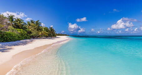 Beautiful tropical beach relaxing sky at exotic island with palm trees calm waves. Paradise nature panoramic destination, idyllic outdoor scene for summer travel vacation, inspire landscape panorama