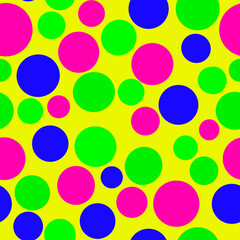 Vibrant multicolored irregular circles isolated on yellow background Abstract geometric seamless pattern