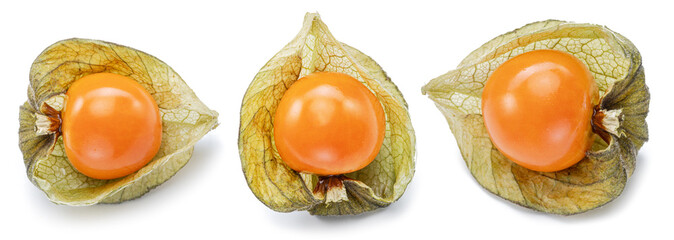 Three ripe physalis or golden berry fruits in calyx isolated on white background. - obrazy, fototapety, plakaty