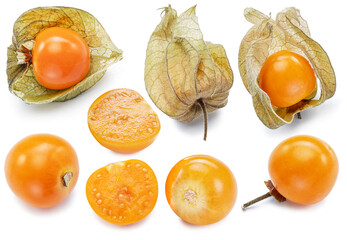 Collection of golden berry fruits in calyx and half physalis isolated on white background.