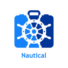 Logotipo con texto Nautical y silueta de timón de barco en maleta en color azul