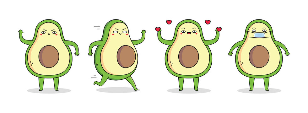 Cute avocado fruit cartoon character set 1 of waving hand, running, spreading love and wearing a mask