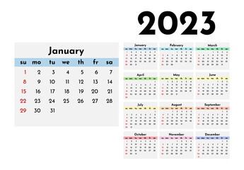 Calendar for 2023 isolated on a white background