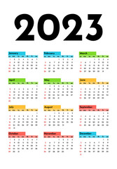 Calendar for 2023 isolated on a white background