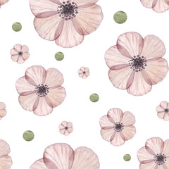 Anemones seamless pattern Floral watercolor print.Pink flowers on a white background with green polka dots.