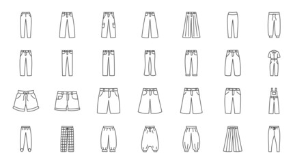 Clothes pants doodle illustration including icons - sportswear leggings, buggy, cargo, slop, bermuda, capri, stirrup, aladdin, shalwars, hakama. Thin line art about trousers apparel. Editable Stroke