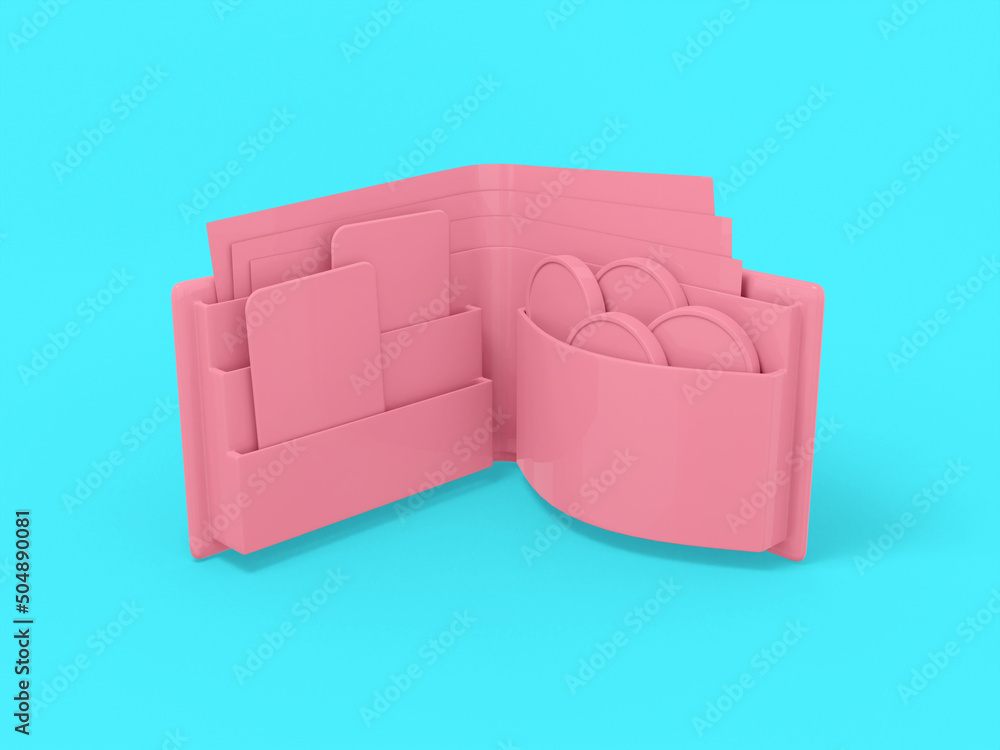Poster pink one color wallet on a blue flat background. minimalistic design object. 3d rendering icon ui ux