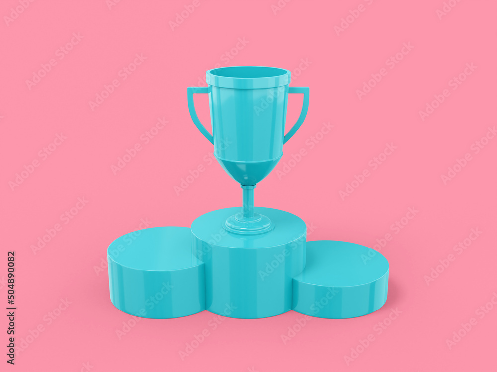 Poster blue one color winner cup on a pedestal on a pink flat background. minimalistic design object. 3d re