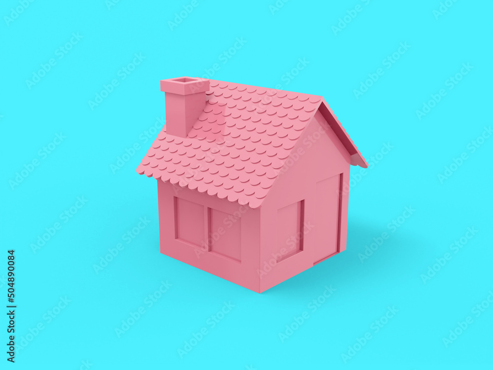 Poster pink one color house on blue flat background. minimalistic design object. 3d rendering icon ui ux in