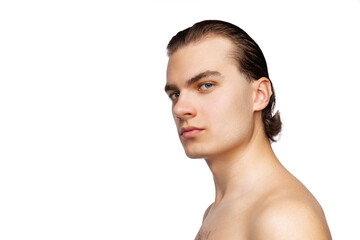 Male beauty. Studio shot of young handsome man isolated on white studio background. Concept of men's health, antiage, self-care, body and skin care.