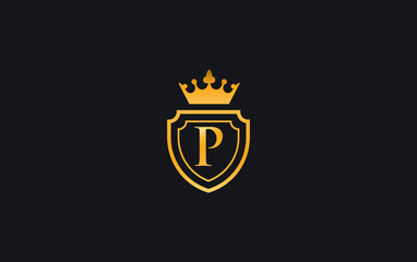 Golden Crown and shield logo and symbol design vector with the letter P