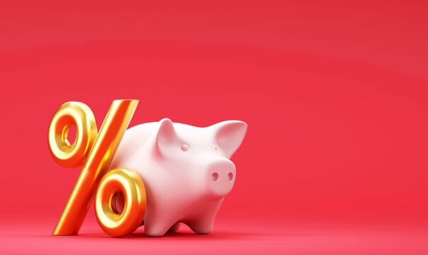 White Piggy Bank With Percent Sign On Red Background