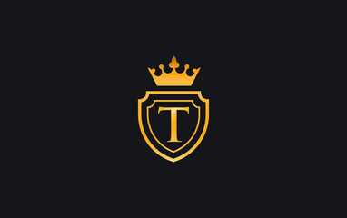 Golden Crown and shield logo and symbol design vector with the letter T